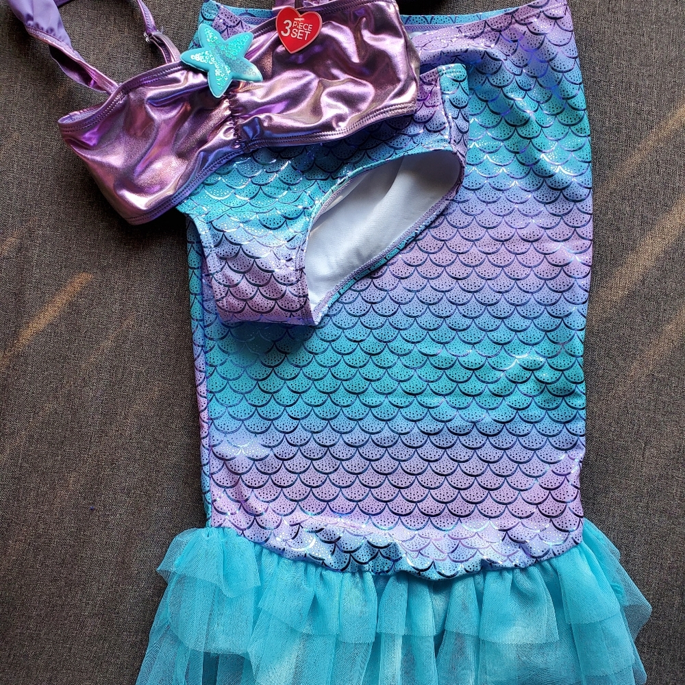 3 piece 50+ ultraviolet protection mermaid swim suit and tail skirt